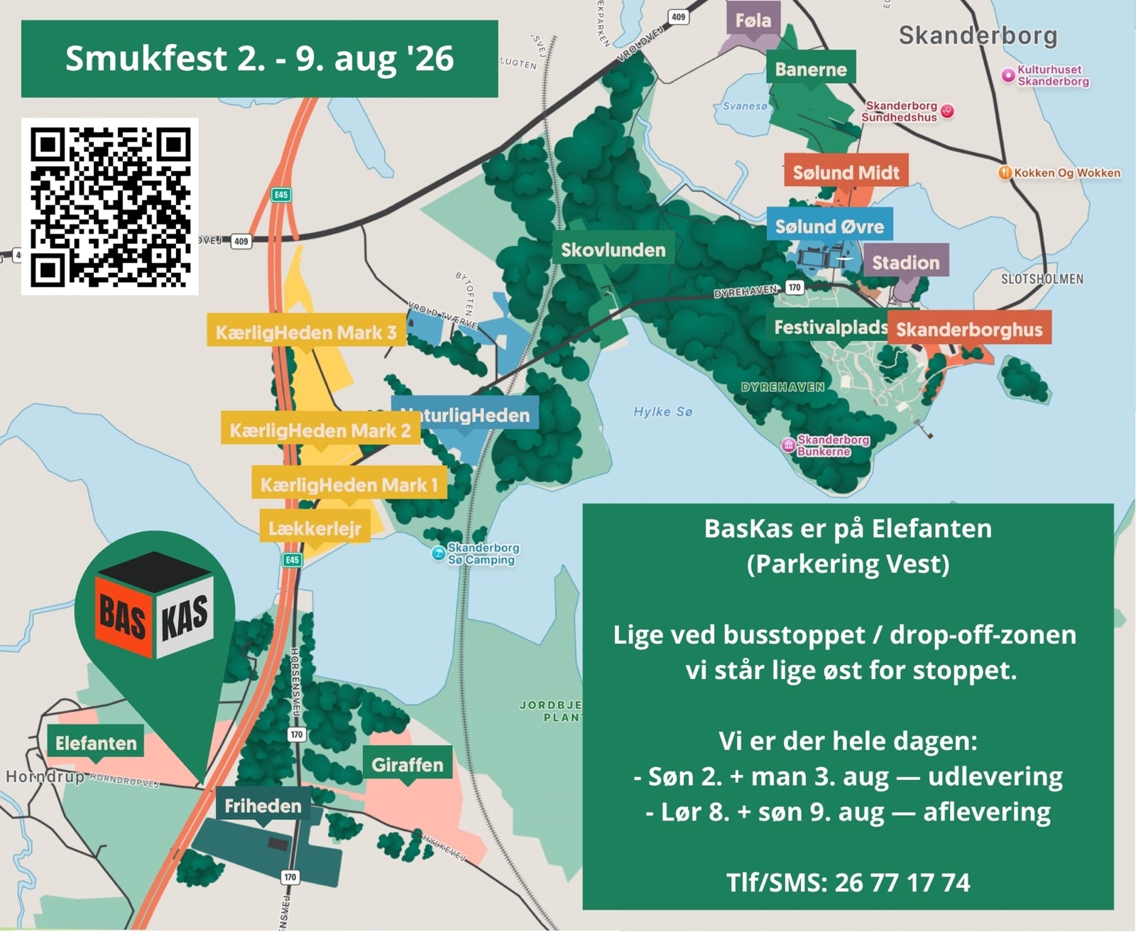 Kort over Smukfest: BasKas står på Elefanten (Parkering Vest), lige øst for busstoppet